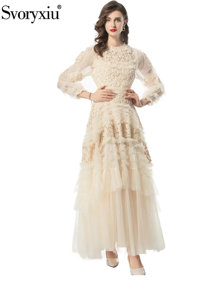 

Svoryxiu Runway Fashion Autumn Beige Elegant Net Yarn Long Dress Women's Flounces Collar Hollow Out Flounces High Waist Dress