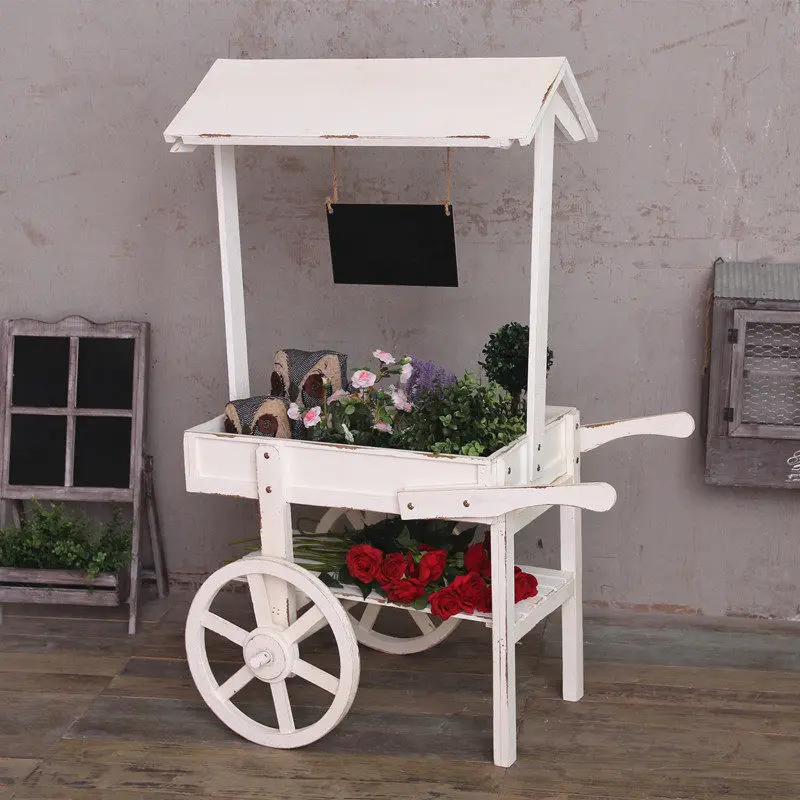 Rustic Wooden Cart Plant Stand, Farmhouse Flower Shelf for Balcony & Tea Shop, Decorative Trolley for Living Room Decor