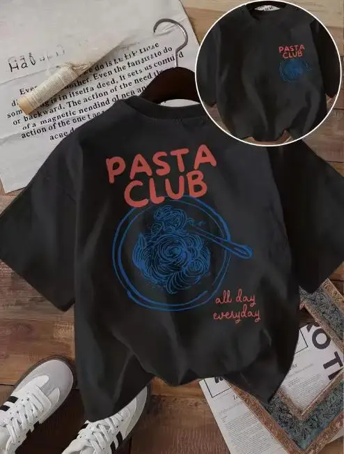 Women Pasta Club T Shirt Front And Back Print Red Letter Blue Spaghetti Plate Sketch All Day Everyday Graphic Casual Short Sleeve White Tee Tops