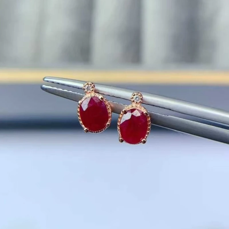 Fashion Ruby Stud Earrings 5mm*4mm Natural Ruby Earrings with Certificate Sterling Silver Gemstone Jewelry Gift for Girl