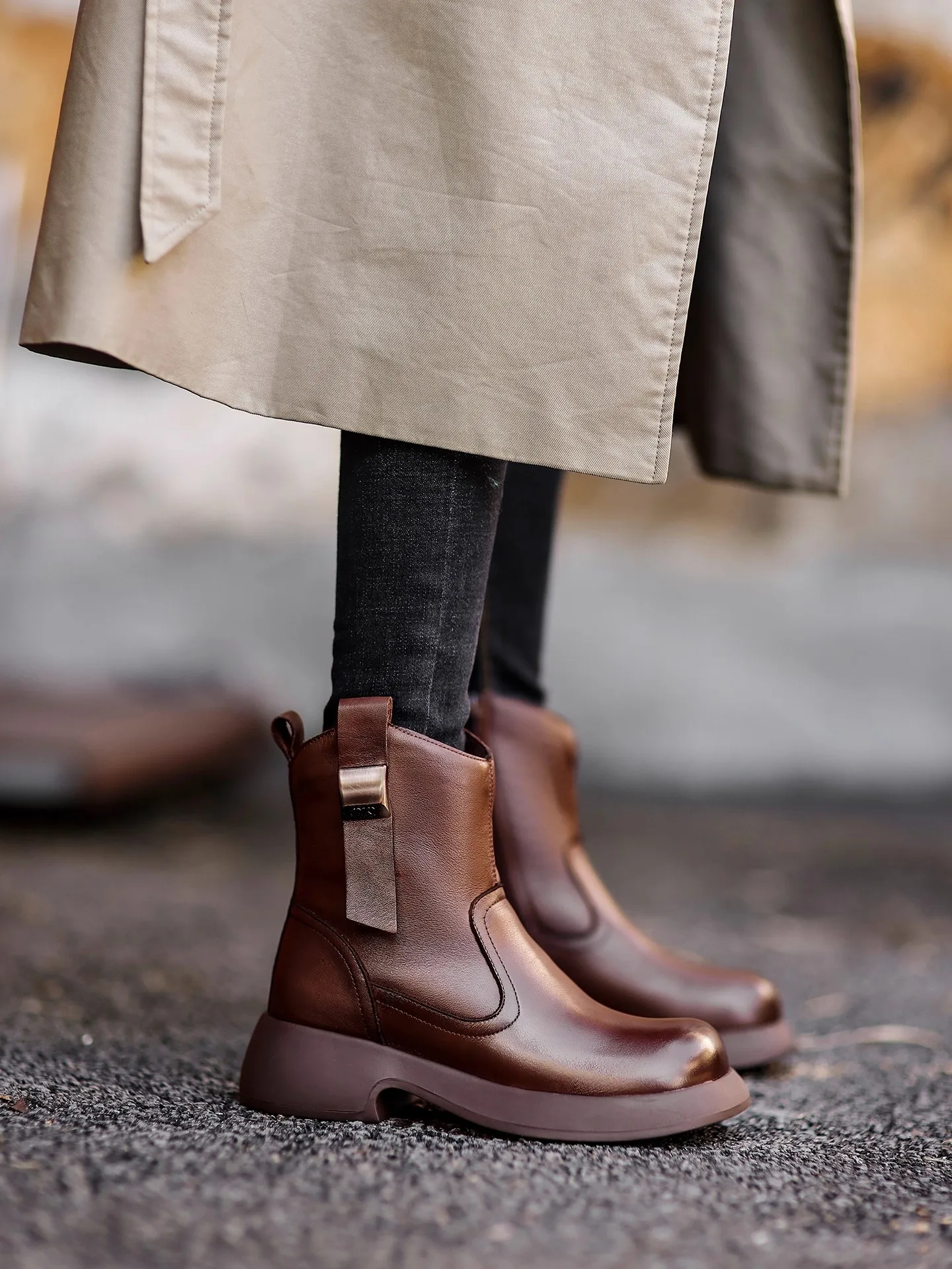 

GKTINOO/женские зимние теплые короткие ботинки, женские сапоги до середины икры на толстом каблуке с круглым носком из натуральной кожи, шерстяной платформе