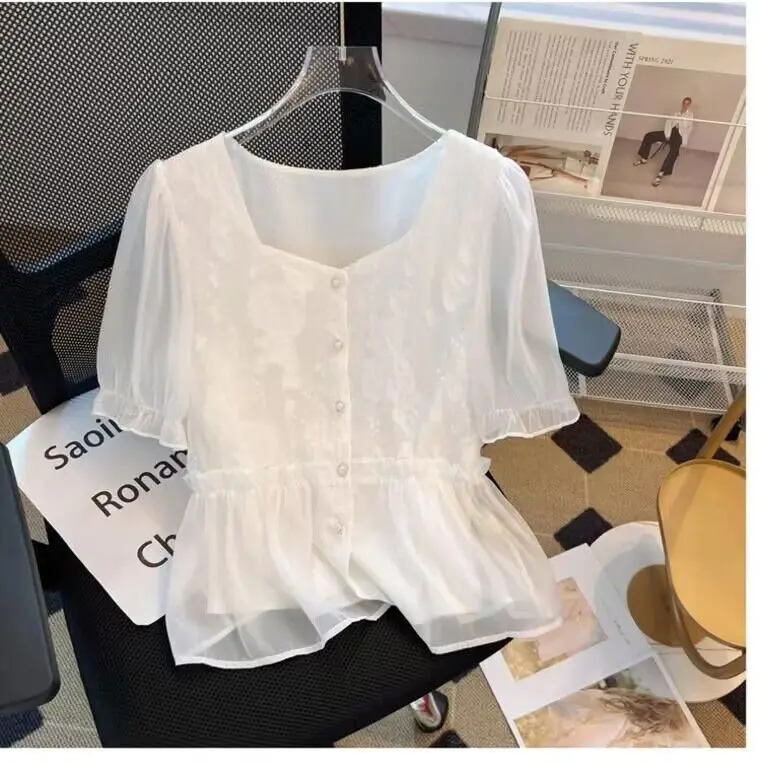 

2024 Women Summer Summer New Square Collar Chiffon Shirt Female Short Sleeve Blouses Ladies Solid Color Loose Shirts L151