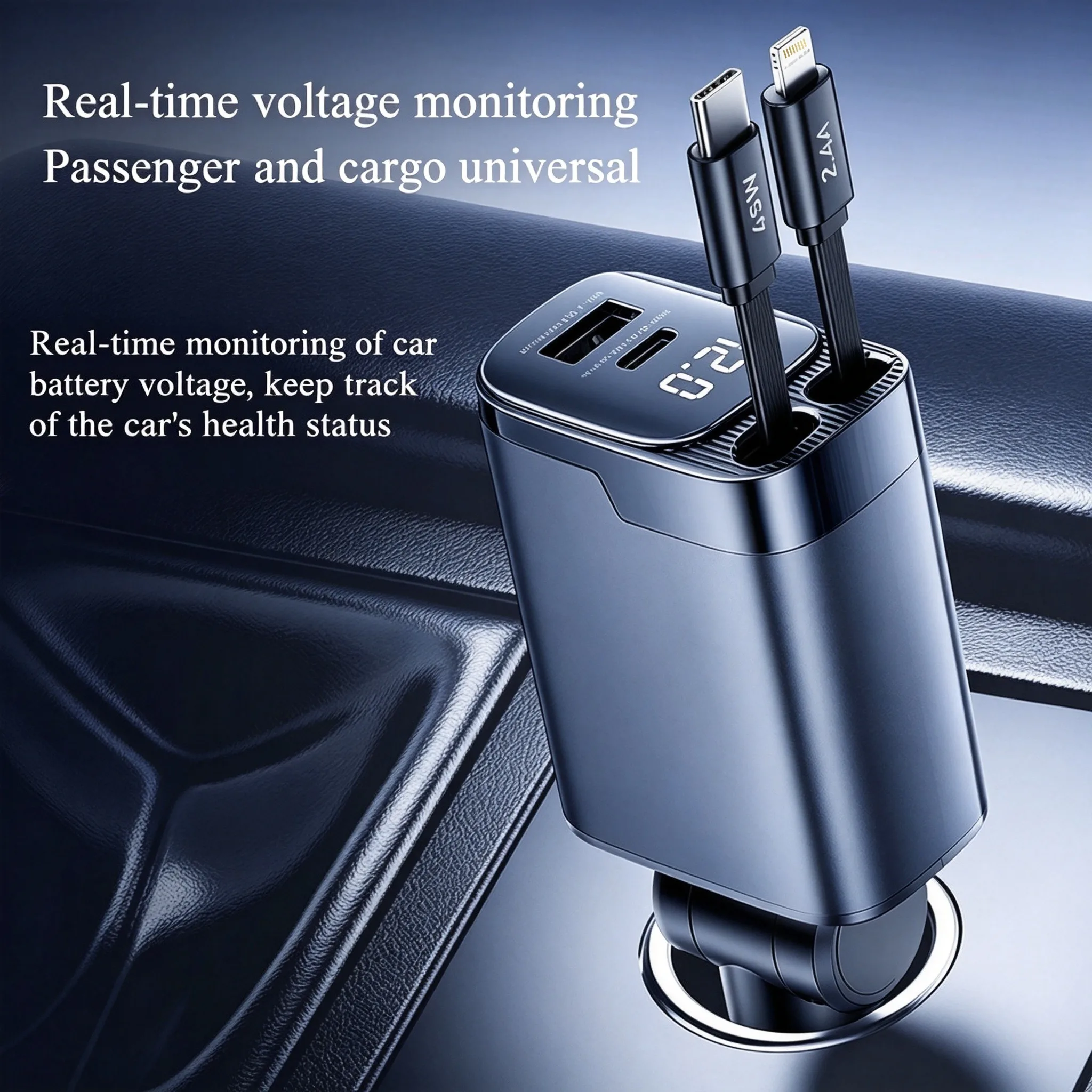REMAX 60W Dual Retractable Cable Foldable Car Charger PD45W 4 Ports Voltage Display Fast Charging For Laptop Tablet Phone