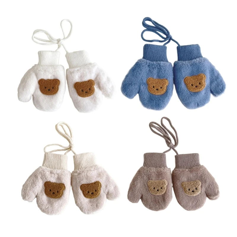 

57EE Warm Cartoon Bear Baby Mittens with Rope Kids Boy Girl Children Toddler Winter Thick Mitten Anti-skid for 1-4Years Baby