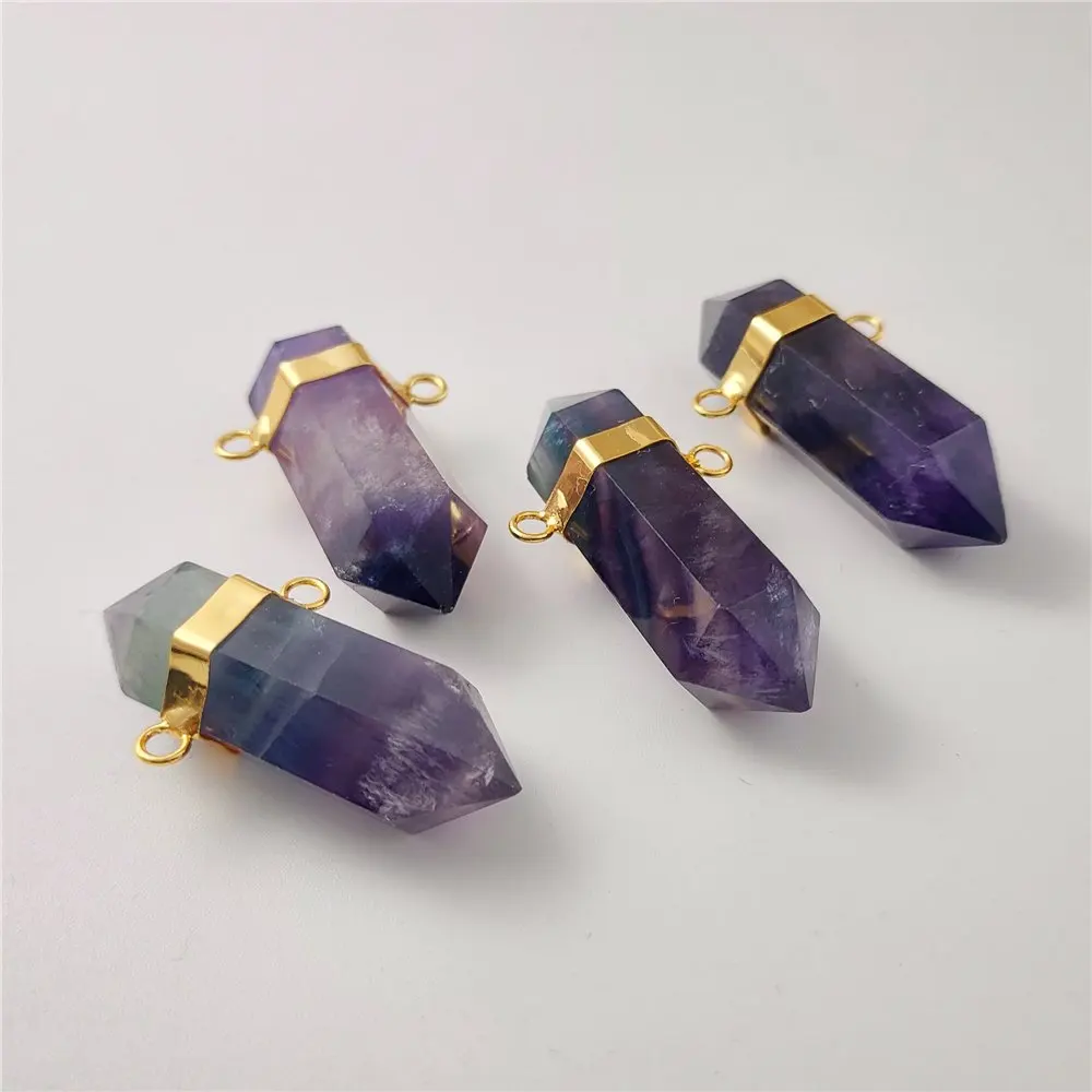 

FUWO Natural Rainbow Fluorite Double Point Pendant, Handmade Faceted Crystal Necklace Accessories For Jewelry Making PD454 5Pcs