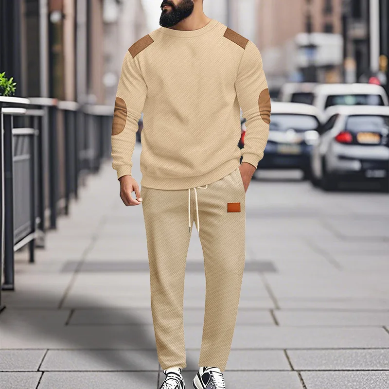 

Весенне-осенние мужские повседневные спортивные костюмы в стиле пэчворк, цветной блок, пуловер с круглым вырезом и брюки, комплект из двух предметов