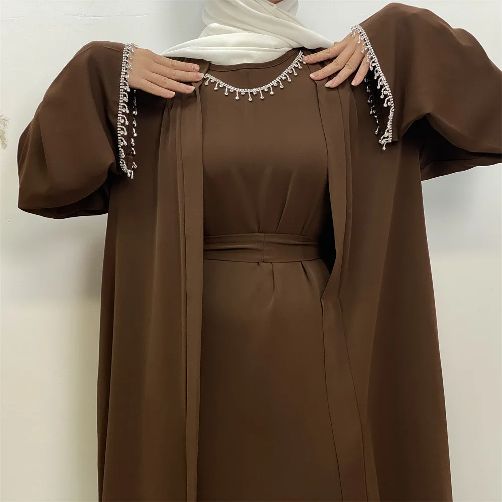 Dubai Abayas Muslim Set Sleeveless Sundress and Muslim Cardigan Long Robes Two-piece Muslim Open Abaya for Women Cardigan Dress