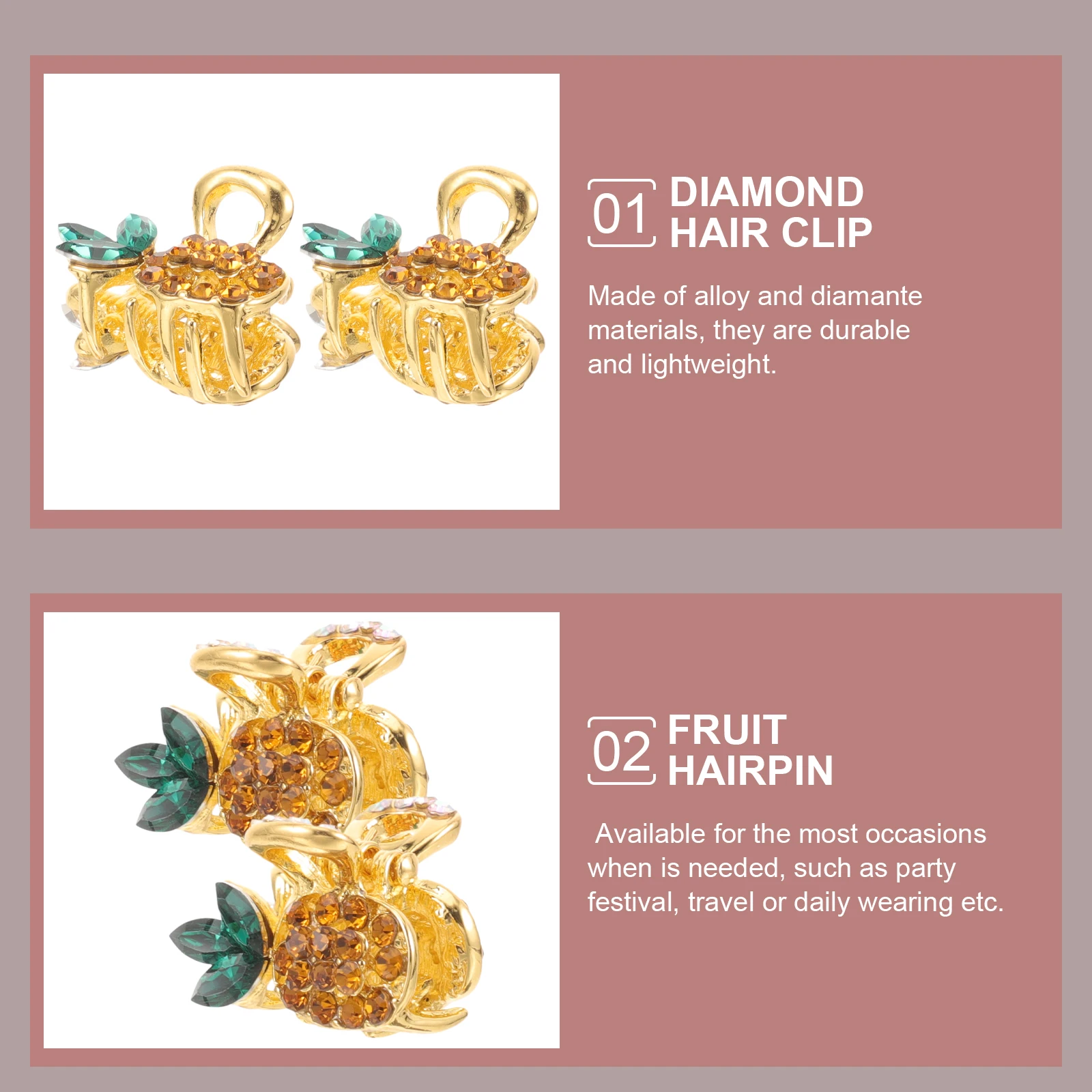 

2Pcs Alloy Hairpin Clips Pineapple Decorative Girls Women Wedding Party Travel Daily Use Hair Accessories