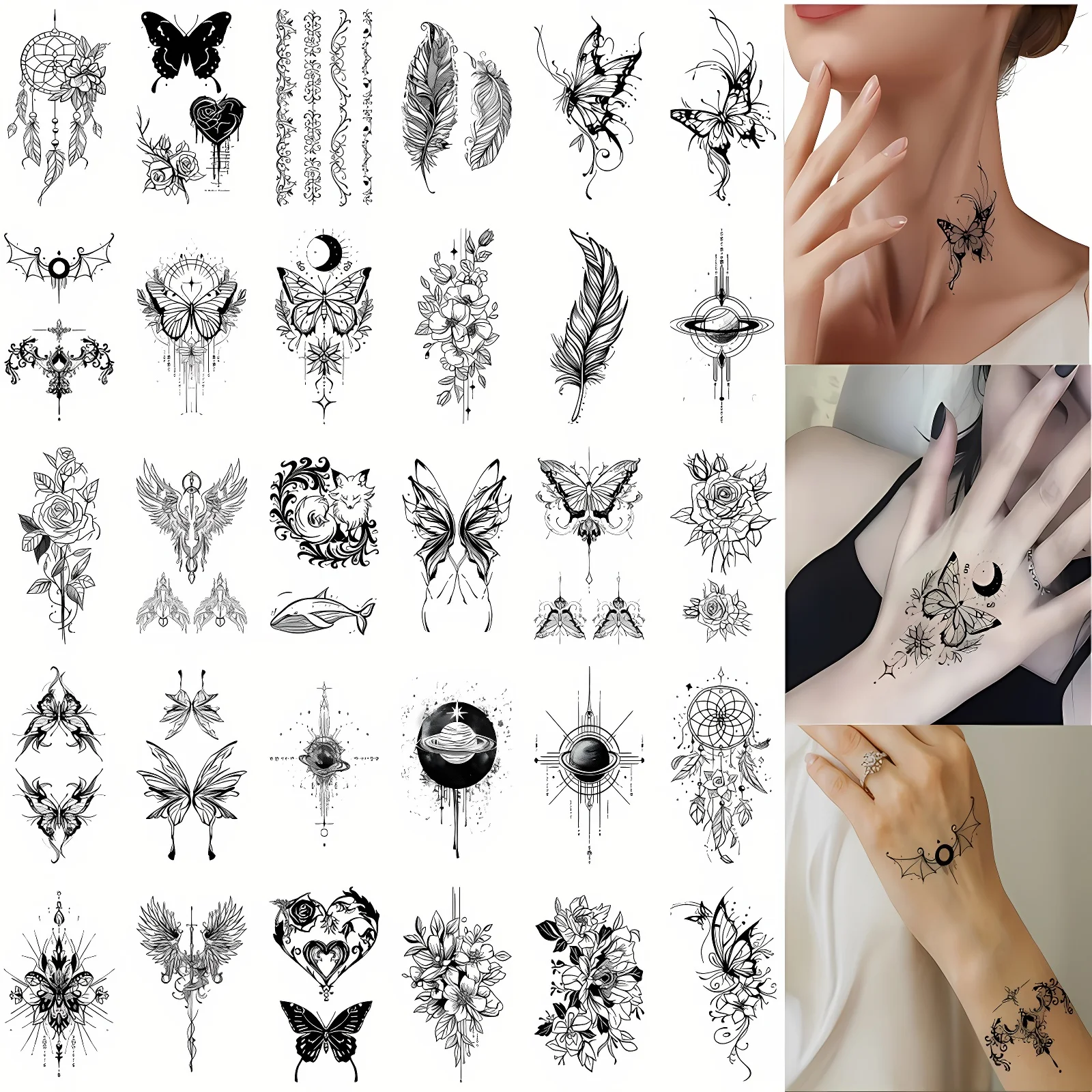 30pcs/set Fake Tattoos Stickers Heart Butterfly Rose Feather Tattoos Sticker Party Favors for Girls Women Belly Leg Ankle Thigh