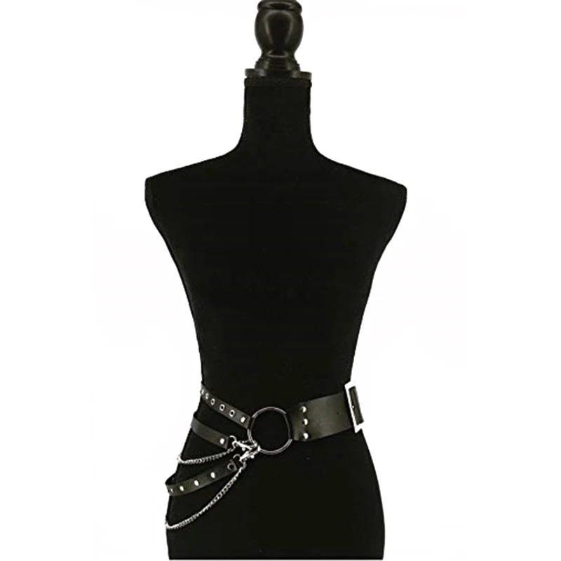 Fashion Women Gothic Punk Waist Belt Chain Metal Circle Ring Design Silver Pin Buckle Leather Black Waistband Jeans Waist Belts