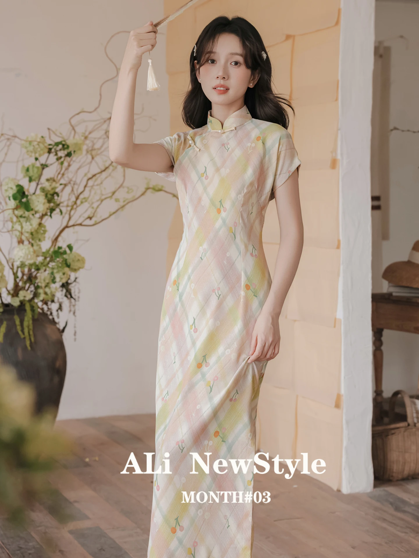 

Платье-ципао для молодых девушек с цветочным принтом, полностью распашное, с коротким рукавом, длинное, повседневное, из дышащего полиэфирного волокна