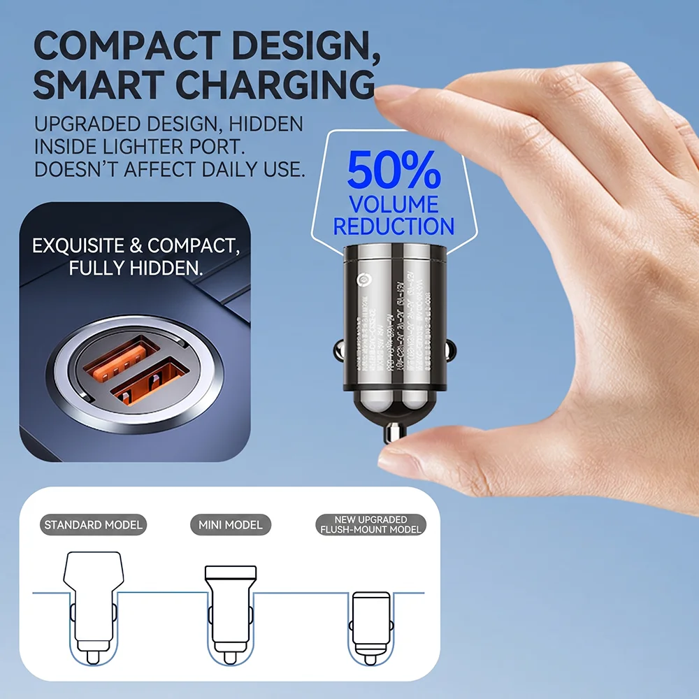 100W Total Power Fast Charging Car Adapter Mini Flush Fit Dual USB A QC Port Pull Ring Safe Auto Phone Charger For iPhone 17 16 view 5