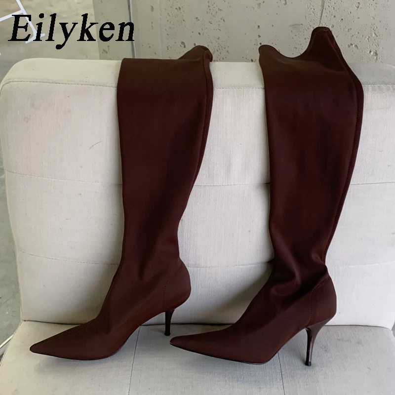 Eilyken 2024 Stretch Fabric Woman Over-the-Knee Boot Fashion Sexy Thin Heels Slim Long Booties Designer Pointed Toe Party Shoes