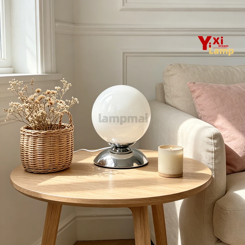 Murano Large Glass Sphere Disc Base Table Lamp, Cream Ins Bedside Lamp, Decor Light for Bedroom, Apartment & Boutique Hotel
