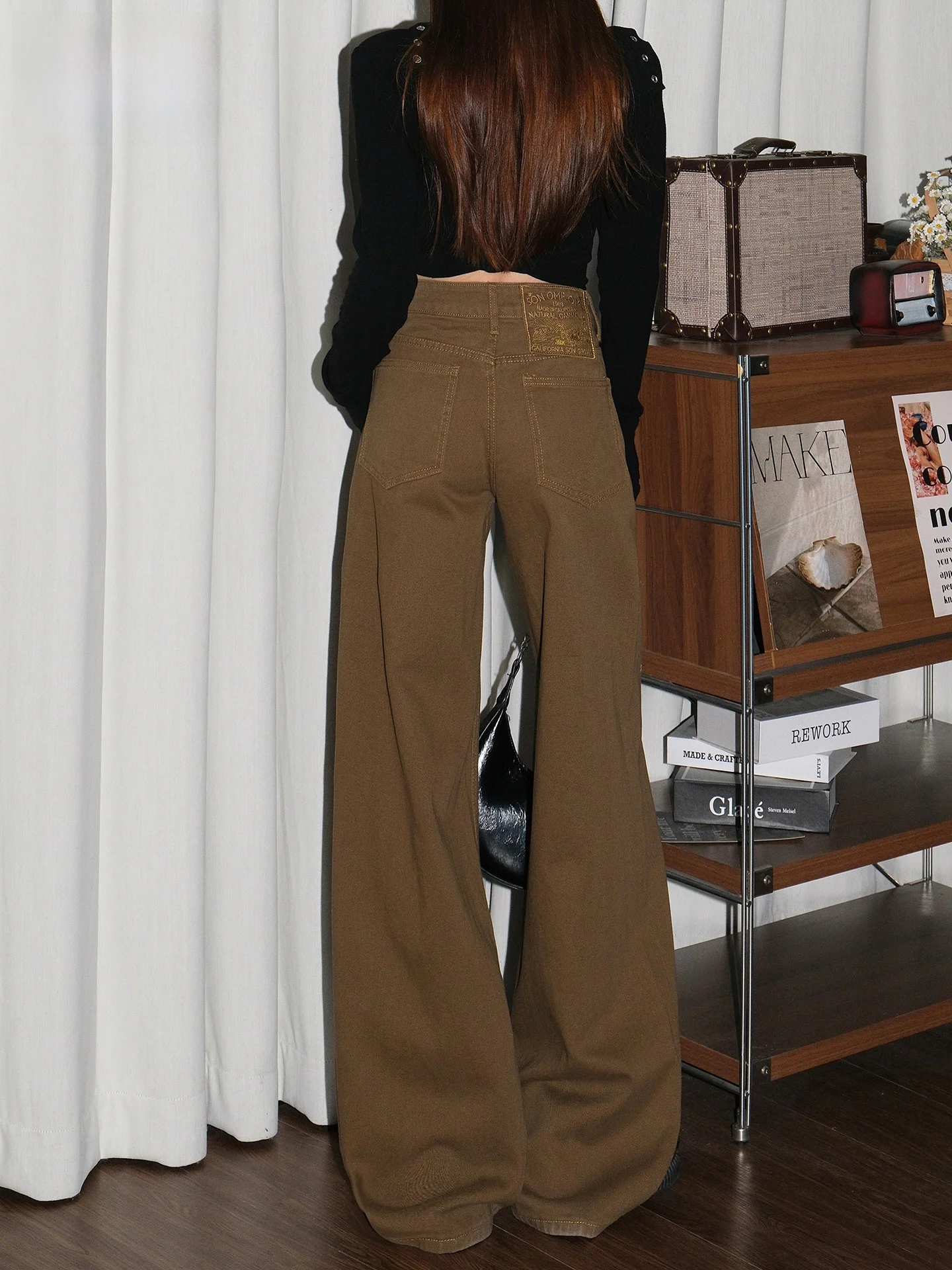 

Джинсы с широкими штанинами в американском стиле цвета мокко, женские свободные брюки в пол, дизайнерская модель, летние брюки для похудения