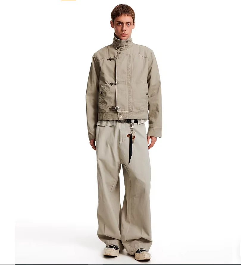 Unisex Cool and Edgy High Street Short and Wide Workwear Jacket with Retro Stand-Up Collar
