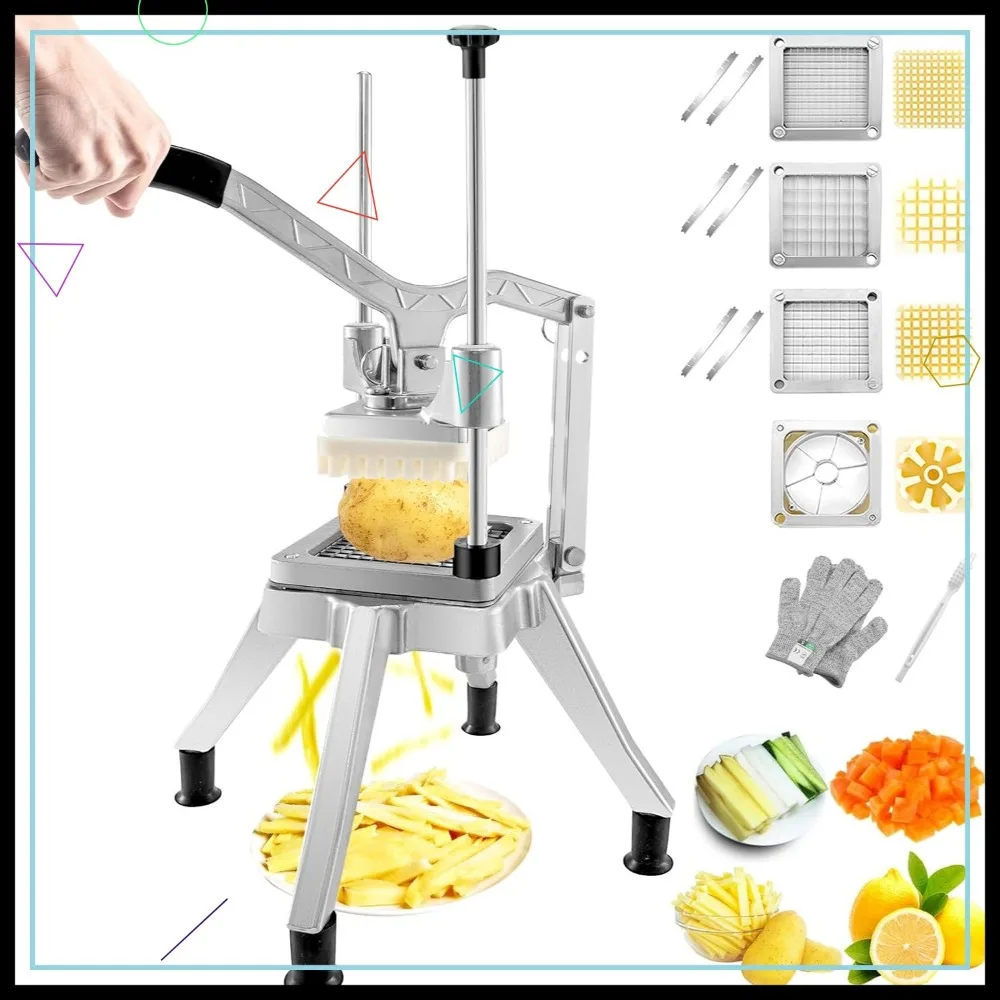 

Commercial Vegetable Chopper with 4 Blades, Stainless Steel French Fry Cutter for Restaurants & Home Kitchen