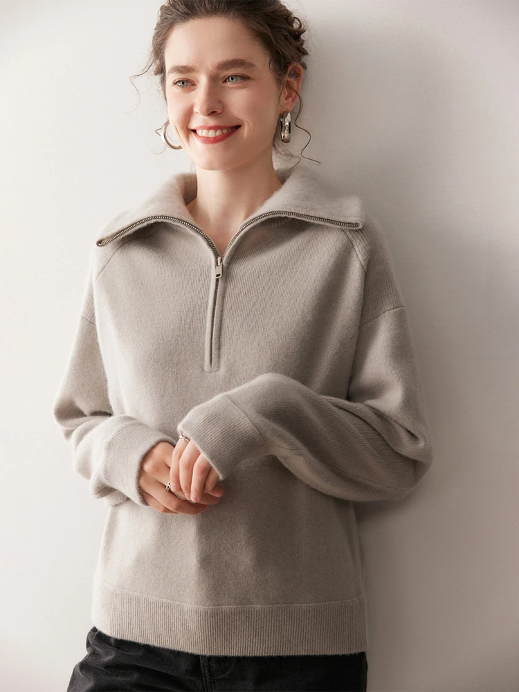 TLOML 가을 겨울 여성용 100% 캐시미어 스웨터 두꺼운 하프 지퍼 터틀넥 풀오버 캐주얼 루즈 캐시미어 니트웨어 편안한 탑