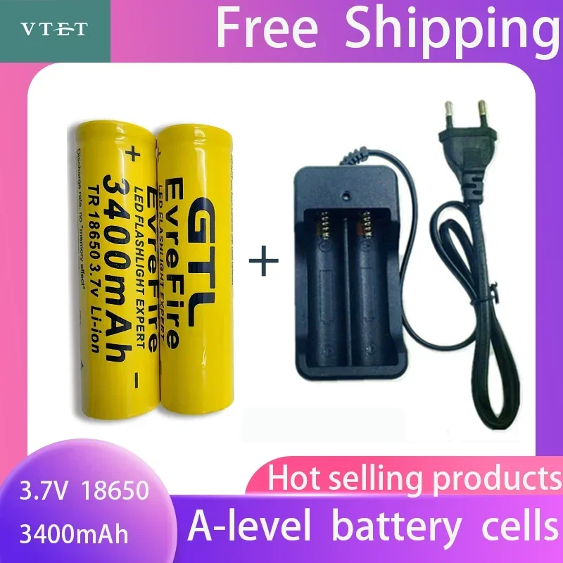 2024 New Battery High Quality 3400mAh 3.7V 18650 Li-ion Batteries Rechargeable Battery for Flashlight Torch Fan Toy Car+Charger