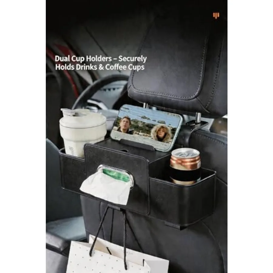 2 Pack 5-in-1 Car Seat Back Organizer, Car Headrest Storage Box with Cup Holder, Tissue Box, Phone Slot and Hooks, Universal Ca