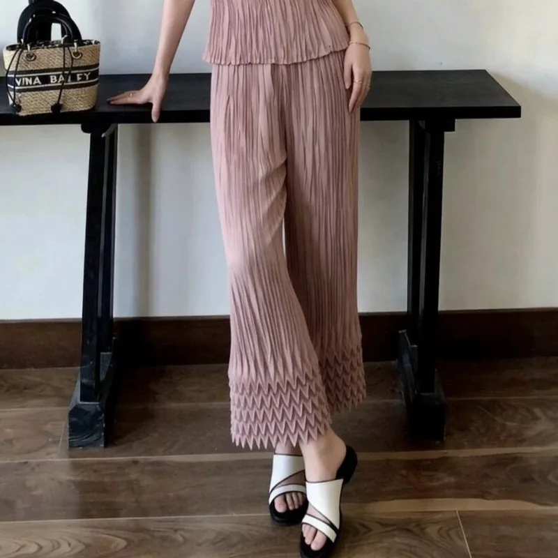 Miyake Pleated Pants Women 2026 Summer New Simple Solid Color Wave Pattern Trousers Elegant Versatile Slim Casual Straight Pants