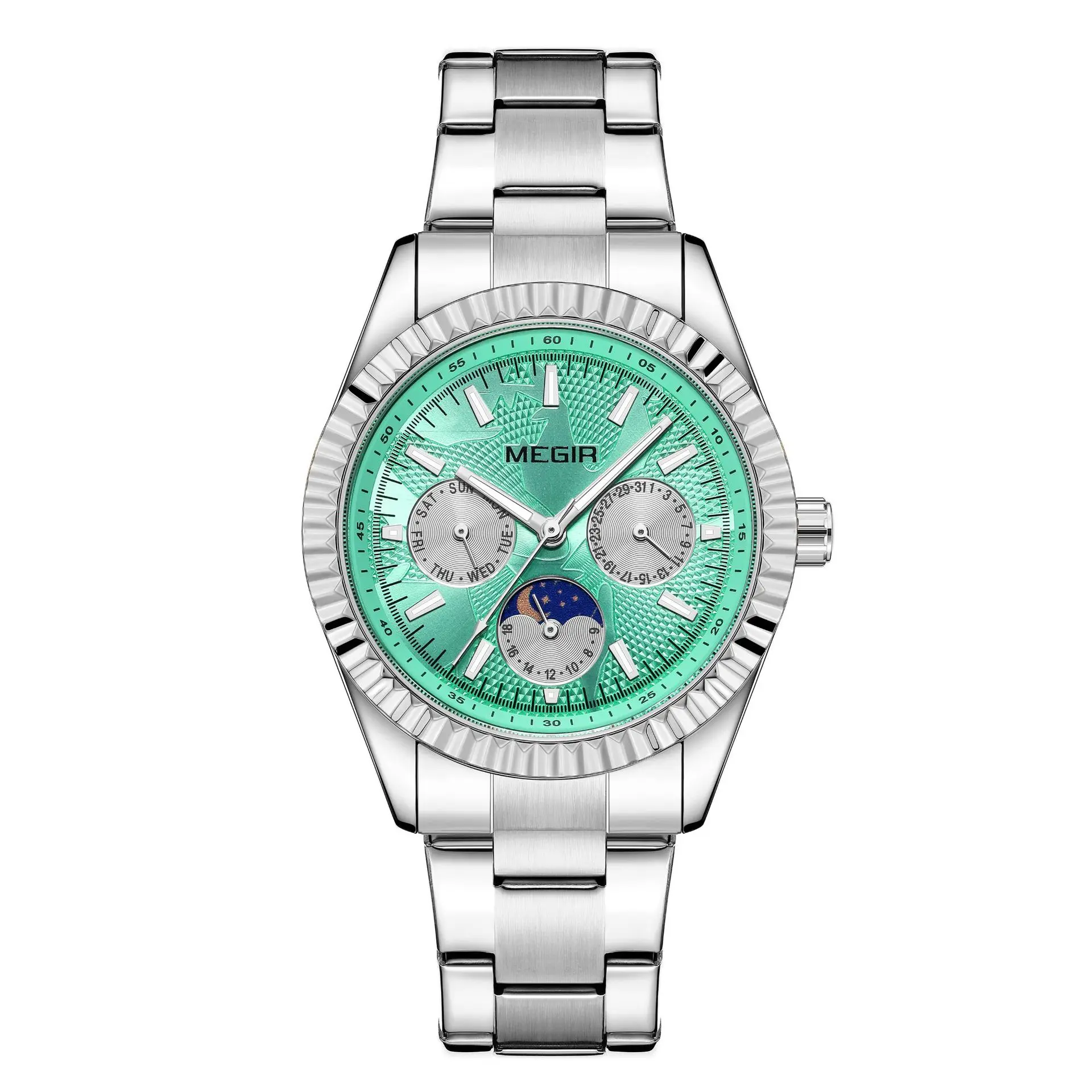 Business Quartz Watch for Men with Three Eye Six Hand Moon Phase Calendar and Steel Band Butterfly Clasp Waterproof