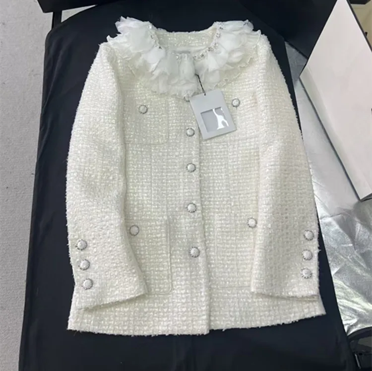 Customized European and American women's clothing winter 2025 Long-sleeved floral round-neck single-breasted tweed coat skirt