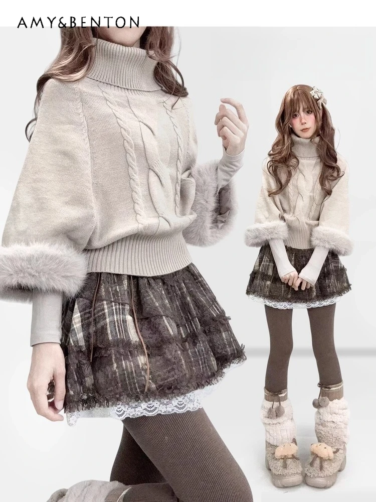 

Autumn Winter High Collar Turn-down Collar Knitted Batwing Sleeve Sweater Loose Casual Oatmeal Color Patchwork Cape Top