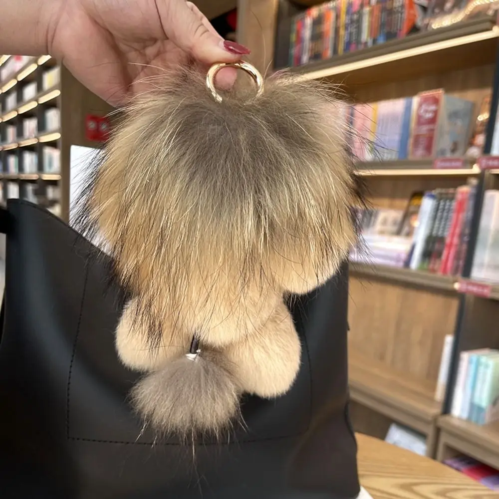 Cute Cartoon Rabbit Fur Keychain Pompon Small Lion Purse Ornaments Alloy Bag Car Key  Winter Gift  13cm Key Ring