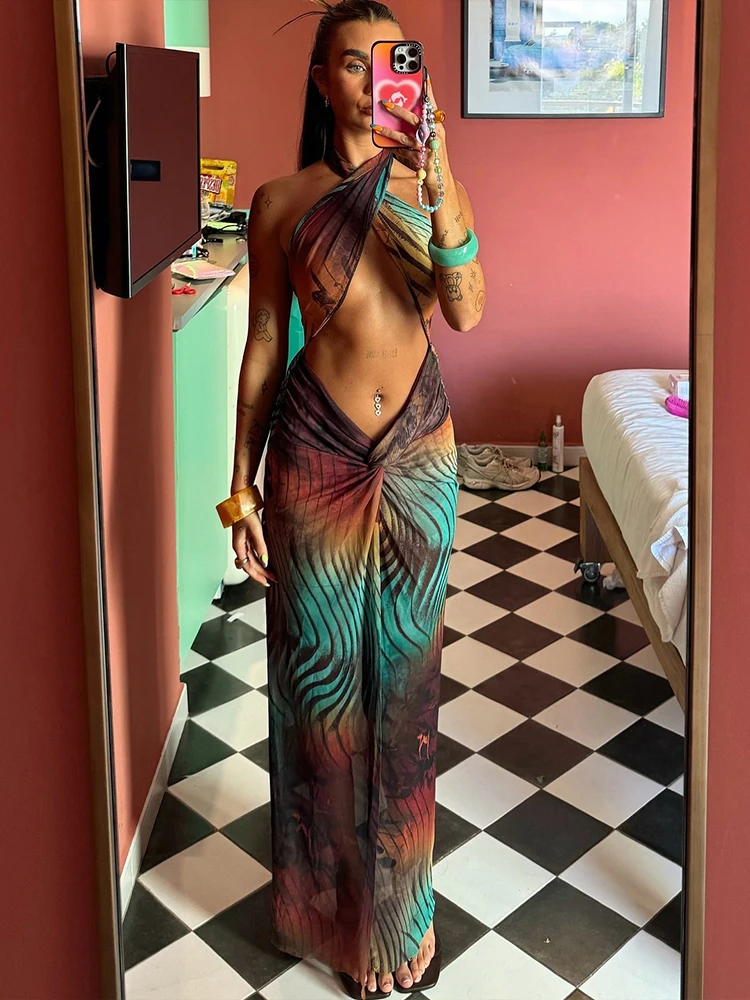 Getäfelten Halter Kreuz Frauen Kleider Sexy Mesh Dünne Hohl Plissee Split Ärmellose Mantel Robe Mujer Trend Party Vestidos