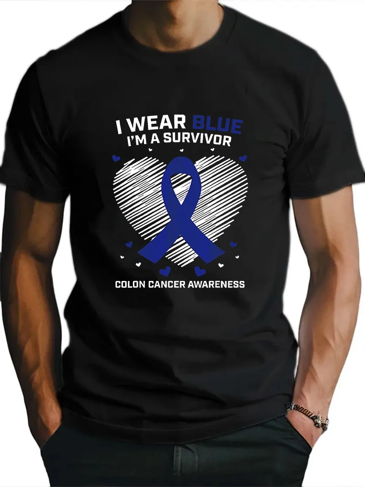 I WEAR BLUE I\'M A SURVIVOR COLON CANCER AWARENESS Men\'s T-shirt Short Sleeve Tees Loose T-shirt Man Tops New Men T shirt