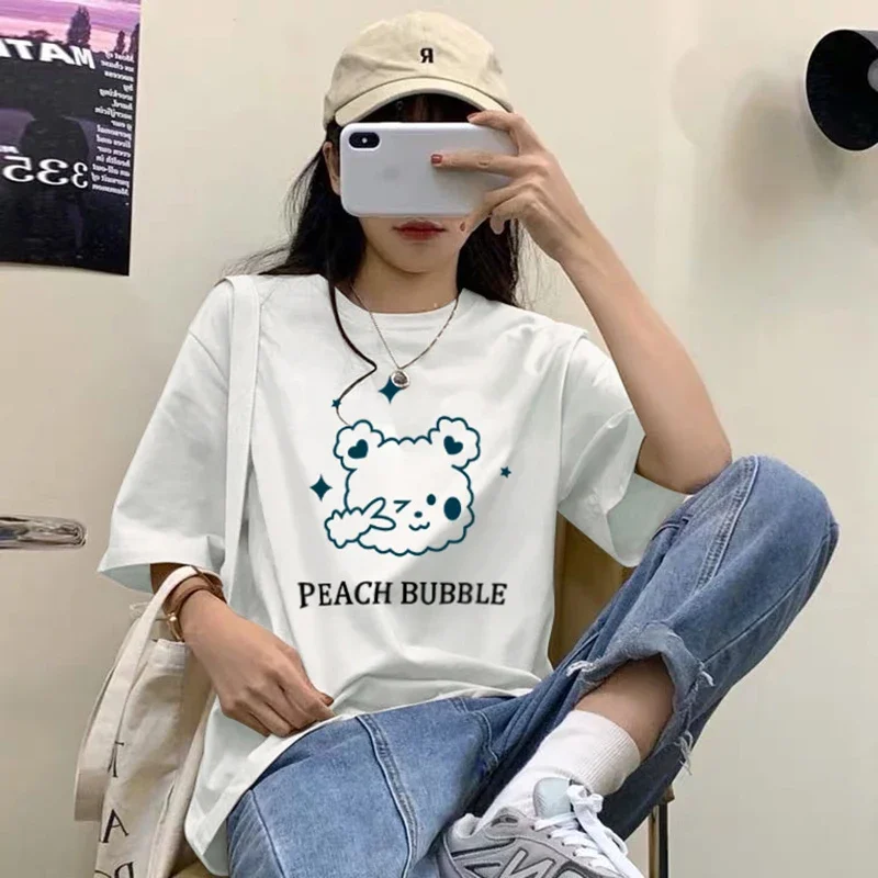 Harajuku Oversized Women Tops Tshirt Round Collar Cartoon Female Half Loose Sleeve Print Casual Simple Wild Top