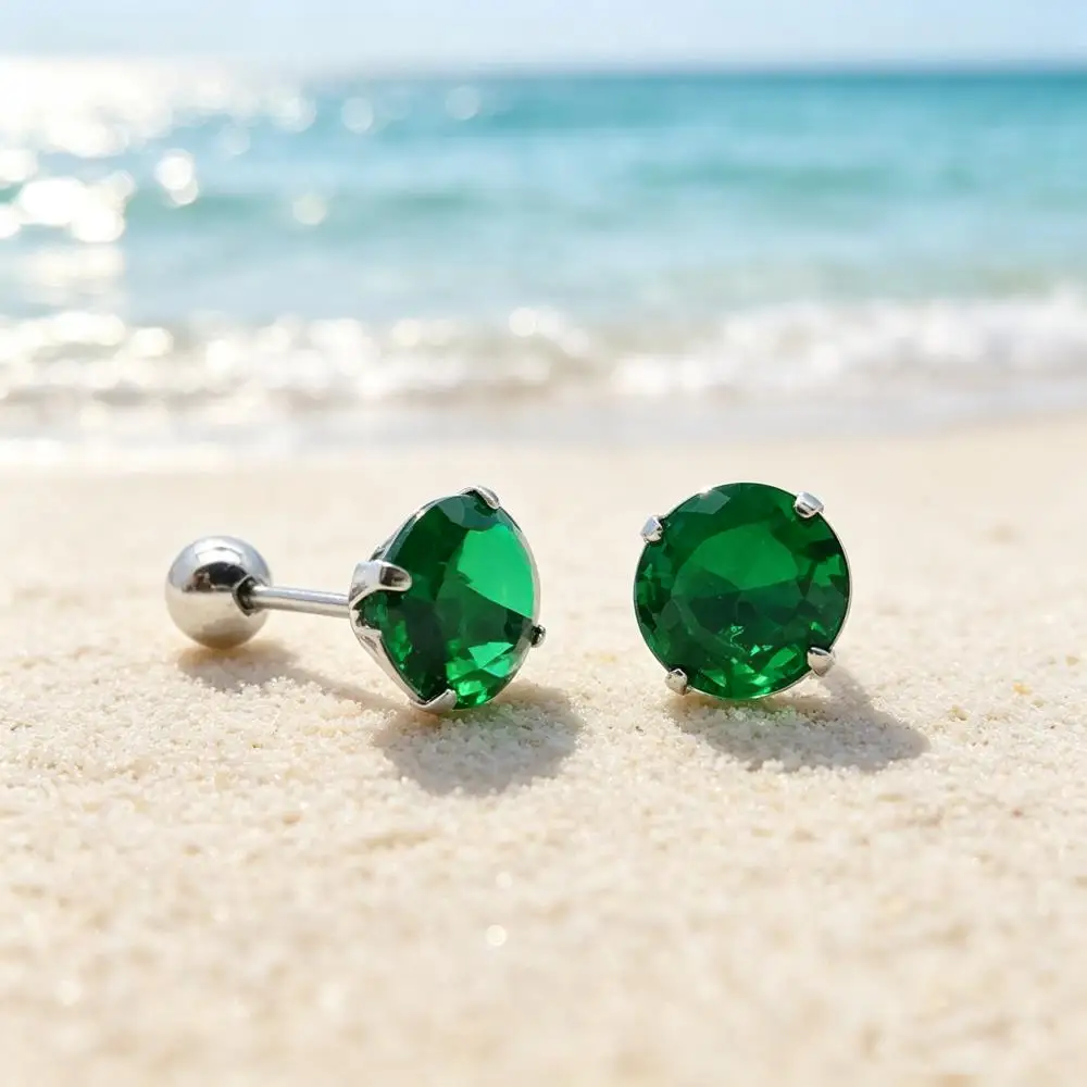 Stainless Steel Stud Earrings For Women Men Green Zircon Female Male Round Staking Small Ear Bone Piercing Earring Daily Jewelry