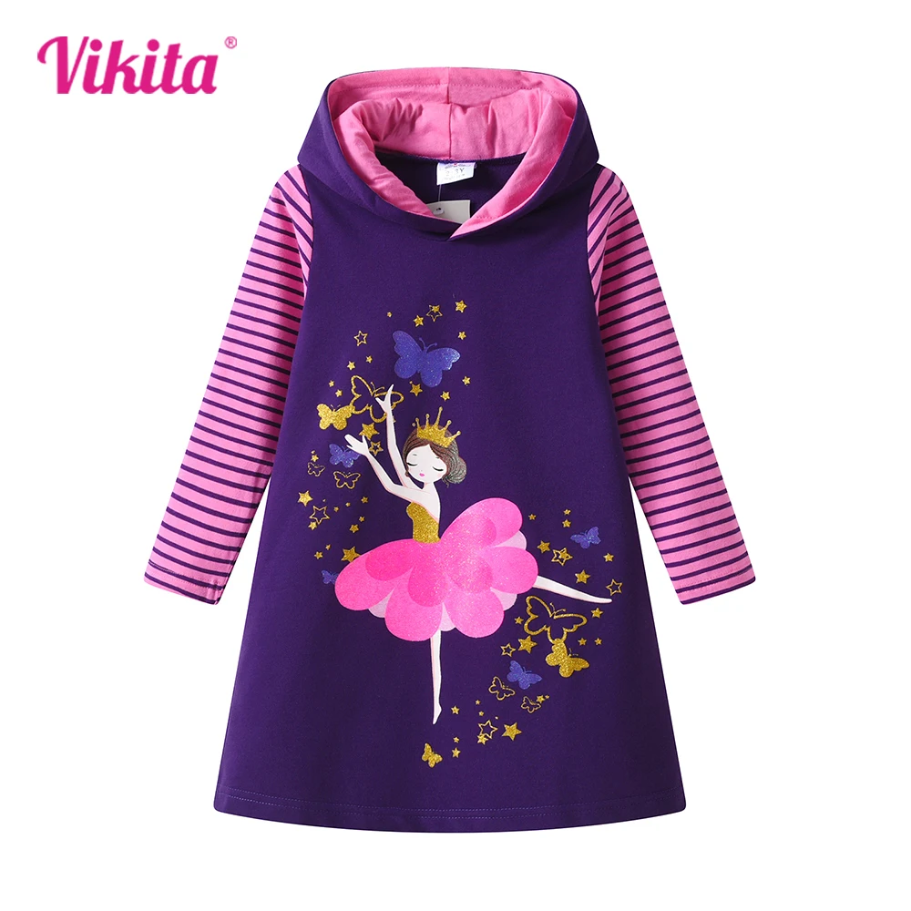 VIKITA Girls Autumn Spring Thick Dress Kids Butterfly Star Fairy Cartoon Print Hooded Cotton Casual Straight Hoodies Dresses