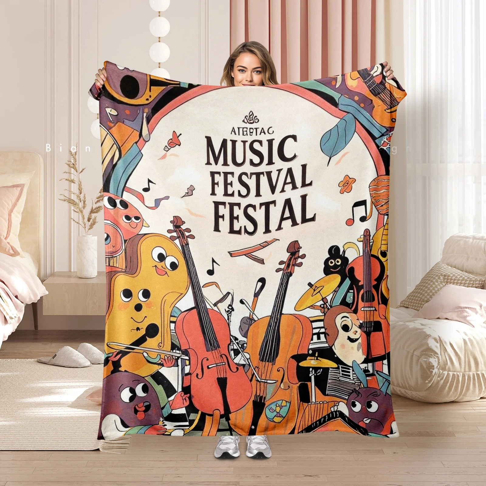 Creative Cartoon Instruments And Music Notes Blanket, Adds Musical Fun To Any Home, Suitable For All Ages.