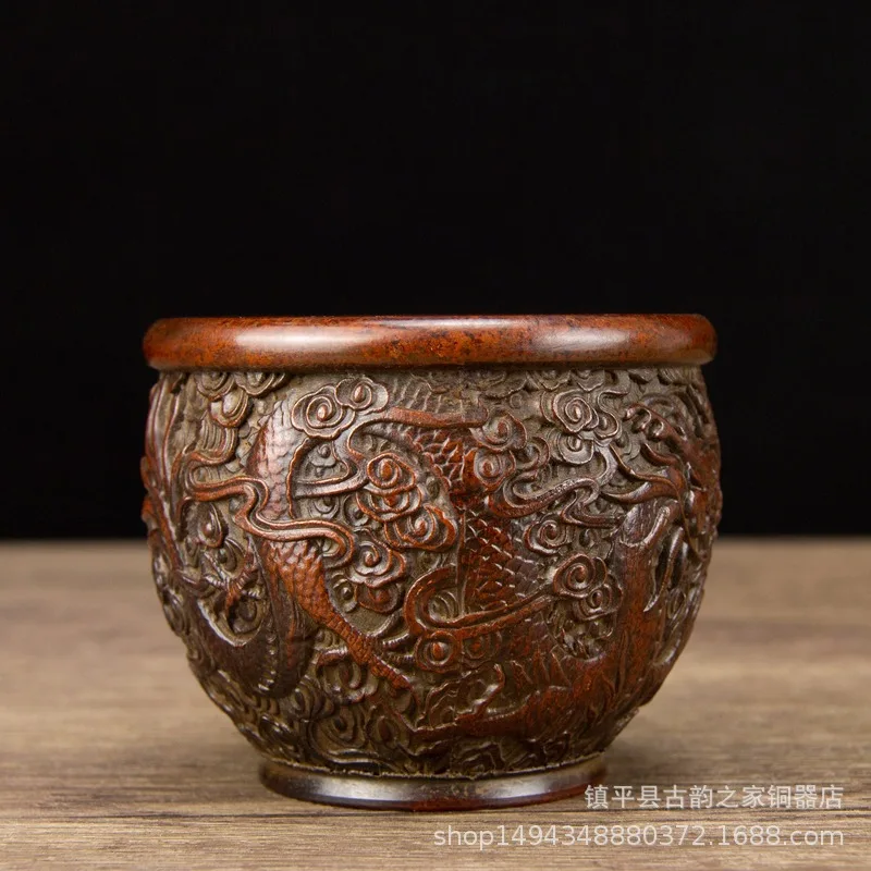 Pure Pattern Double Dragon Playing with Pearls Copper Cylinder Ornament Office Living Room Shop Desktop D