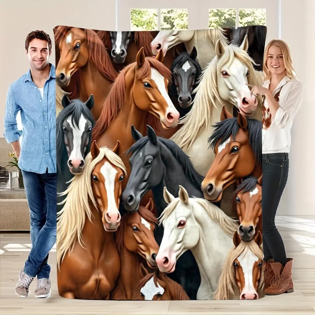 1pc Large Horse‑Themed Throw Blanket, HD Horse Equestrian Print, for Travel, Camping, Sofa and Bed, 3 Sizes Available, Cozy Gift