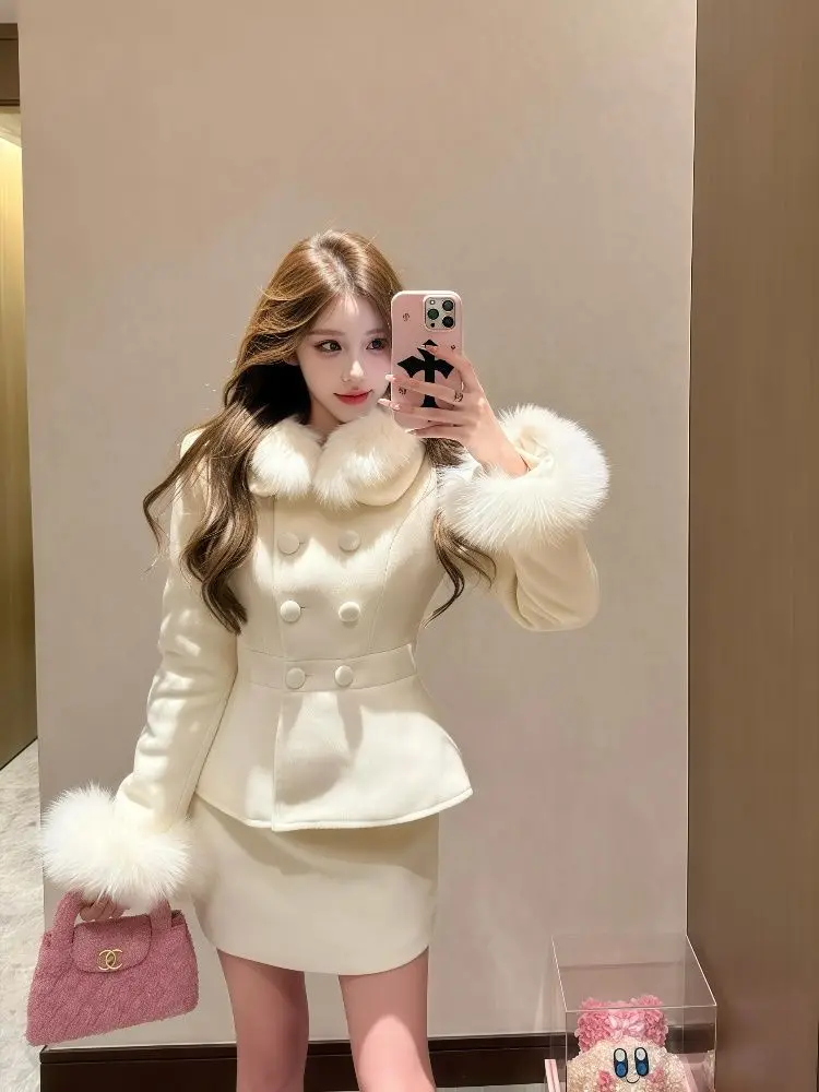 الشتاء الفرنسية أنيقة المرأة مجموعات الكورية أزياء خمر تصميم 2 قطعة مجموعة التخسيس الفراء طوق الدعاوى شيك الزي ملابس امرأة