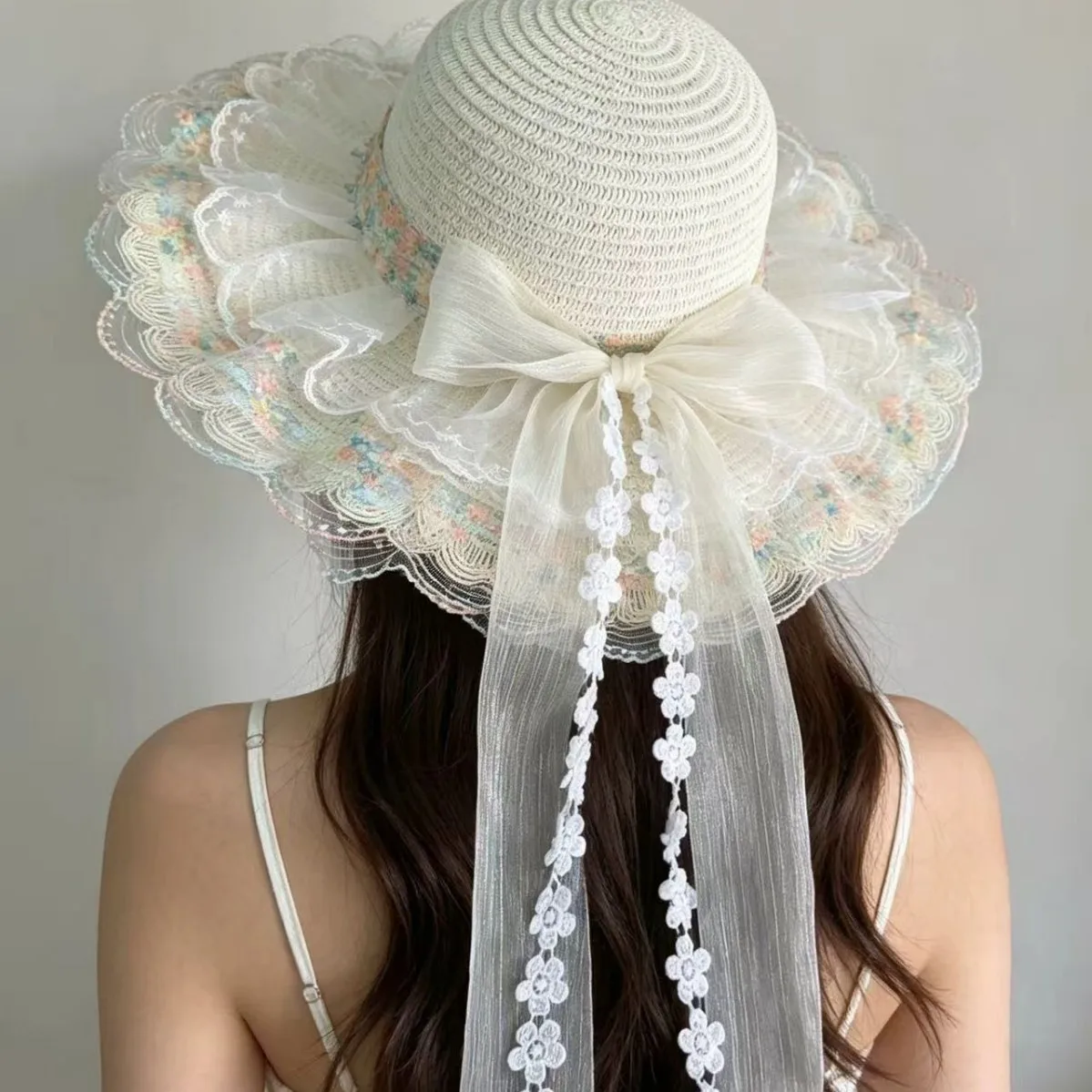 Women Sweet Lace Ruffled Wide Brim Straw Sun Hat Summer Uv Protection Breathable Hat With Bow Floral Decor For Beach Vacation