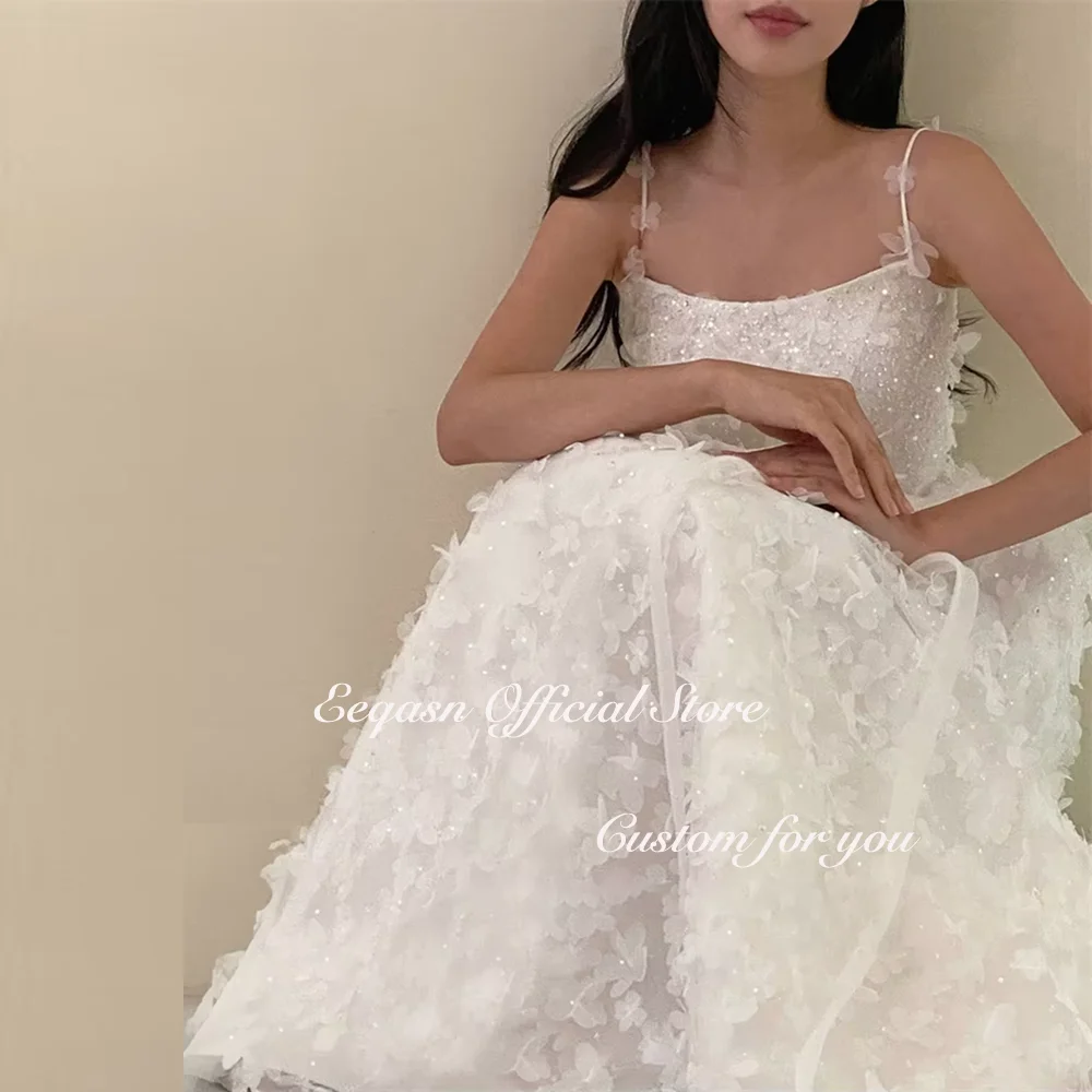 2025 Dreamy A Line Abiti da sposa Lungo pizzo Lunghezza pavimento Corea Servizio fotografico Abiti da sposa country formali senza spalline Personalizzati