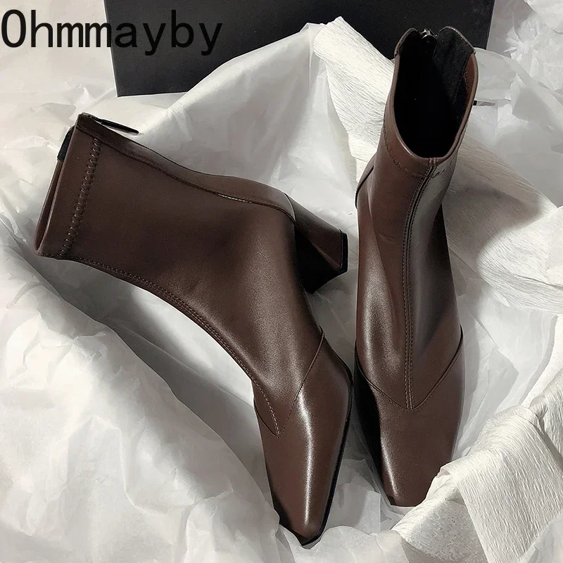 Ankle boots de dedo apontado para mulheres, salto alto, barcos curtos, botas Morder elegantes, moda, outono