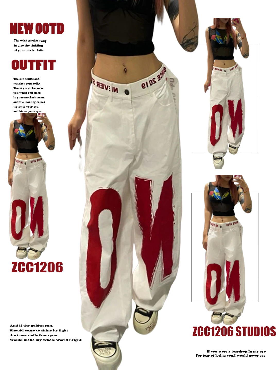 

American Retro Color Block Design Printed Jeans Women Early Autumn Spicy Punk Style Cool Drag Knife Pants Trendy Straight Leg...