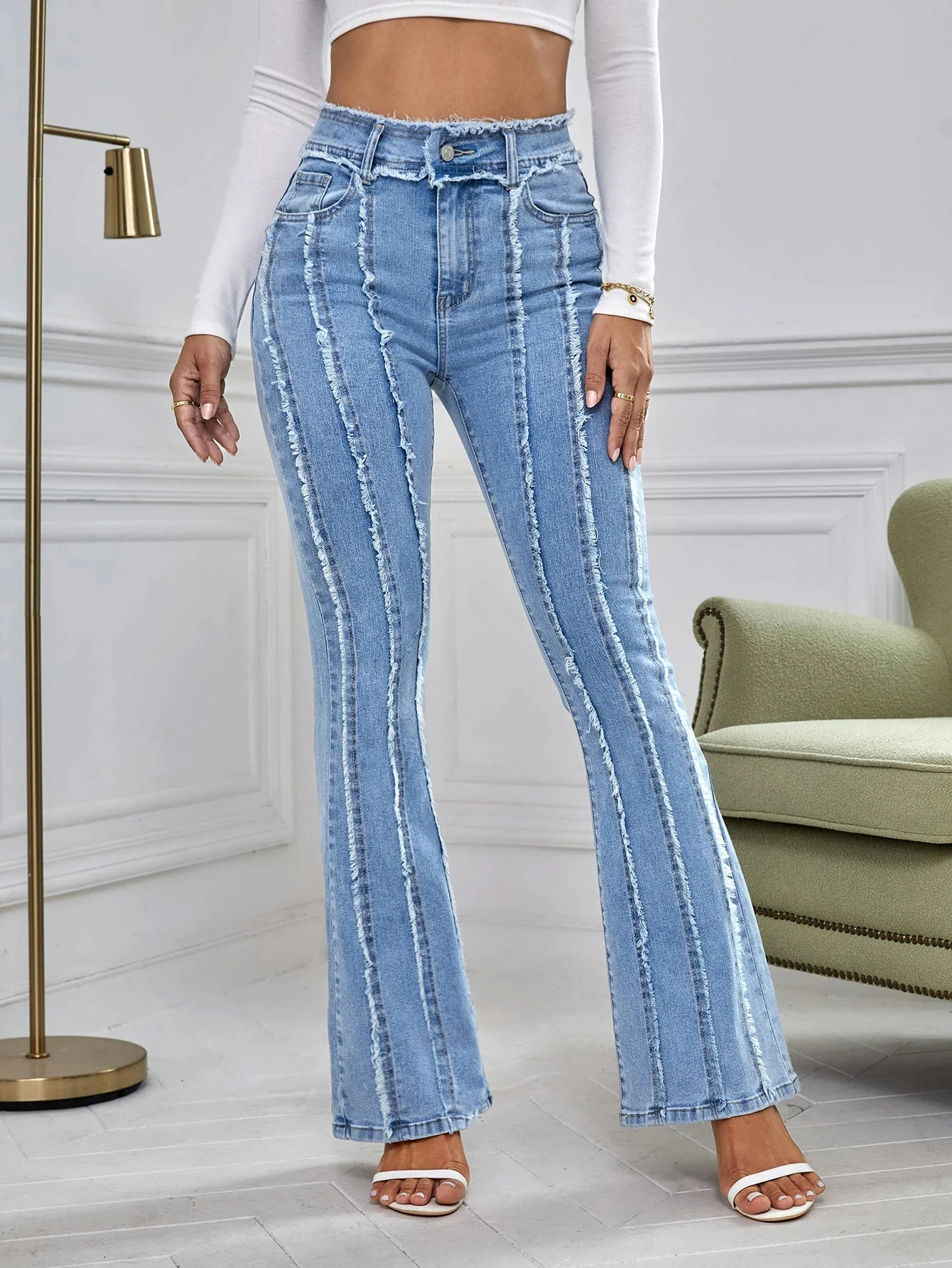Elegant Fringe High Waist Jeans 2026 Spring Autumn New Micro Flare Elastic Solid Color Casual Denim Long Pants Slim Trousers