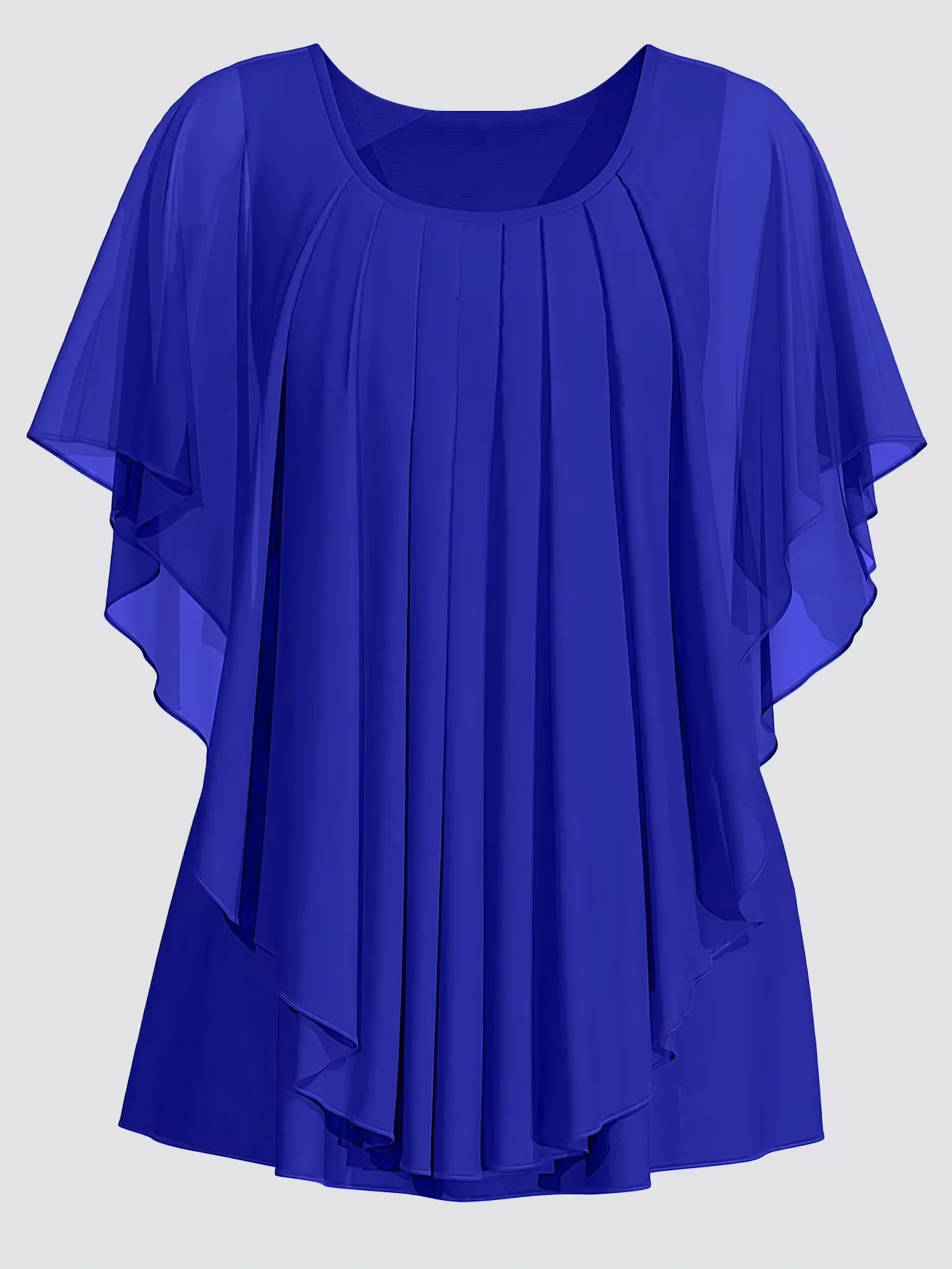 Women\'s Blouse Plus Size Casual Blue Chiffon Double Layer Flutter Sleeve Pleated Asymmetric Hem Blouse Summer Casual O-Neck Top