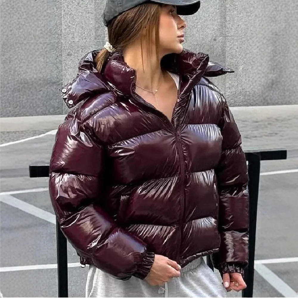

Women Solid Hooded Glossy Padded Jacket Long Sleeve Stand Zipper Fluffy Warm Coat Autumn Winter 2025 Chic Casual Street Jackets