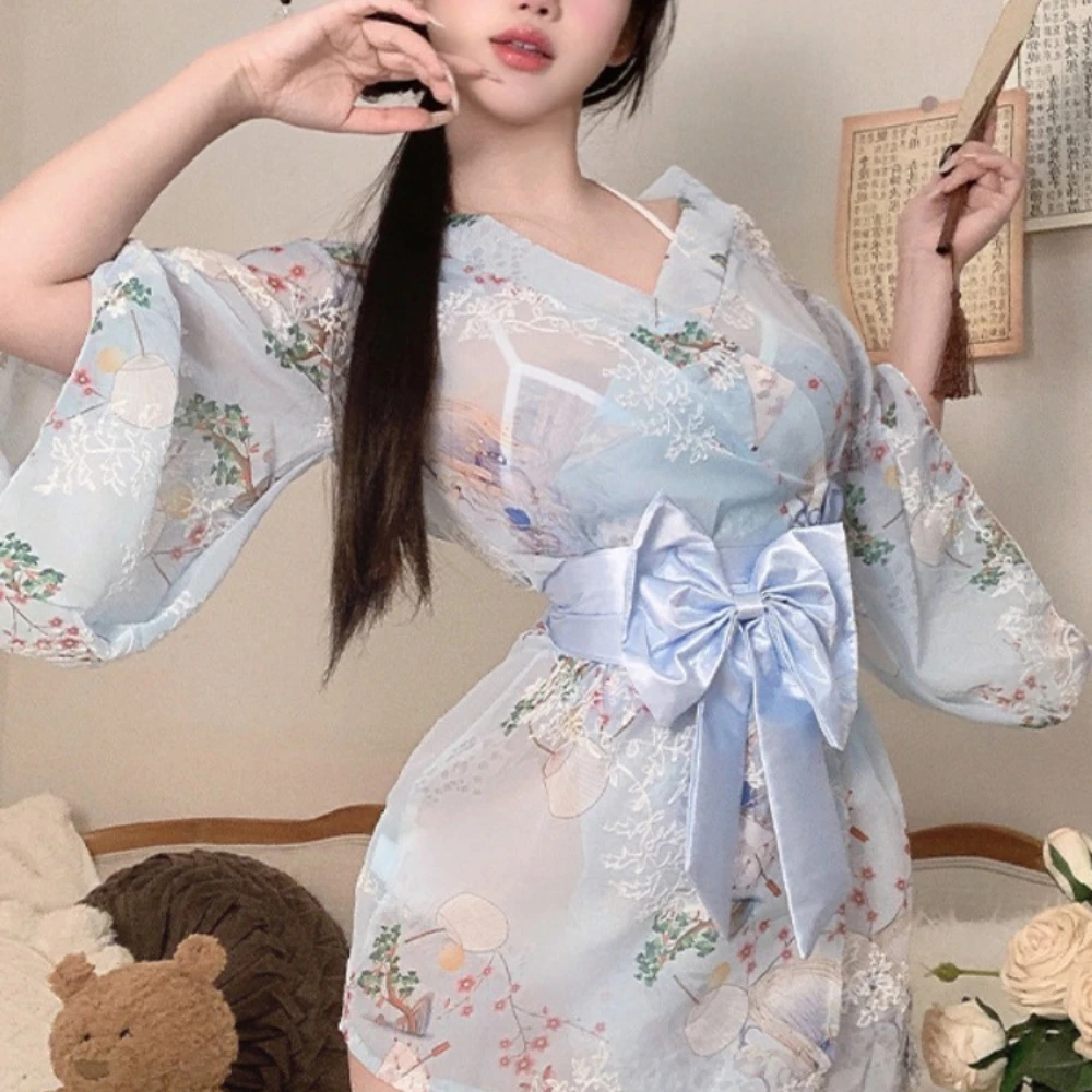 مثير كيمونو الملابس الداخلية للنساء بقماش شفاف النمط الياباني رداء مع حزام المثيرة تأثيري حلي الإناث ليلة نادي العاطفة ارتداء