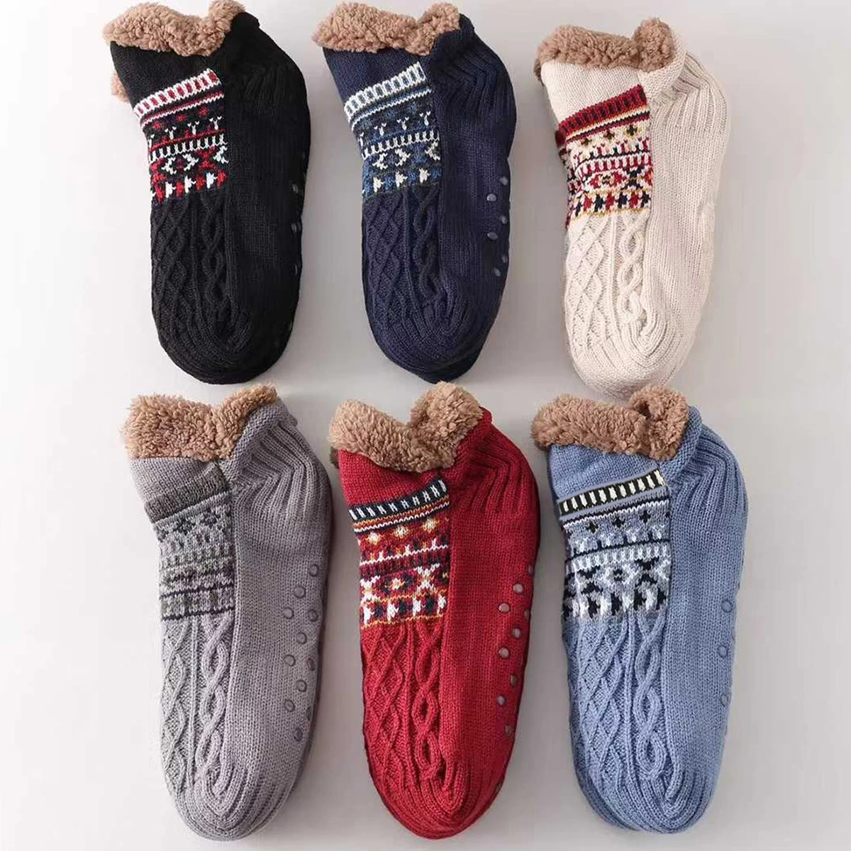 

1 Pair Thicken Knitting Women Warm Winter Snow Days Home Floor Non-slip Silicone Dots Imitation Lamb Wool Sock Cover