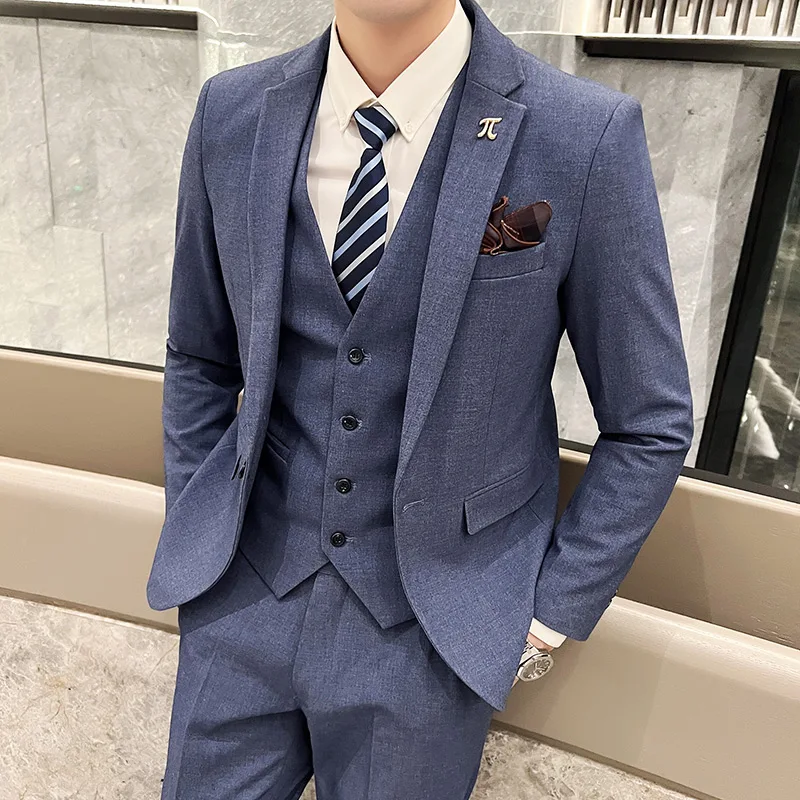 Men Clothing (blazer+vest+pants) Fashion Business Casual Hosts The Korean Version of The British Style Slim Gentleman Wedding