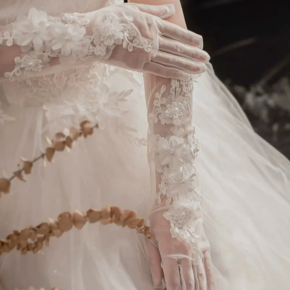 New Bowknot Bridal Gown Mittens Mesh Embroidery Wedding Bridal Gloves Evening Prom Decor Party Dress