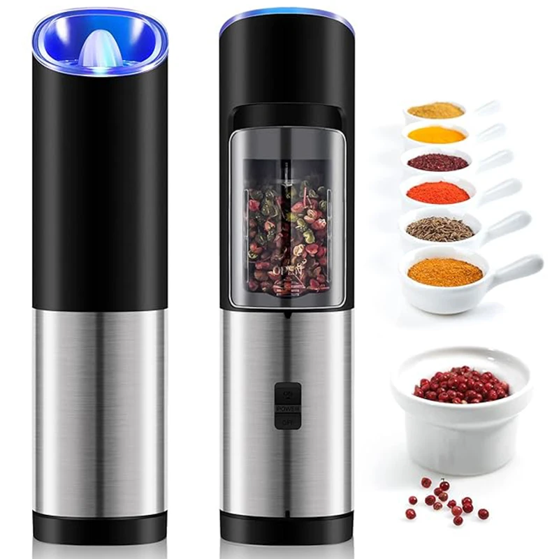 

Electric Pepper Grinder Spice Mills Salt Pepper Mill Set Kitchen Gravity Adjustable Coarseness LED Light Pepper Grinders